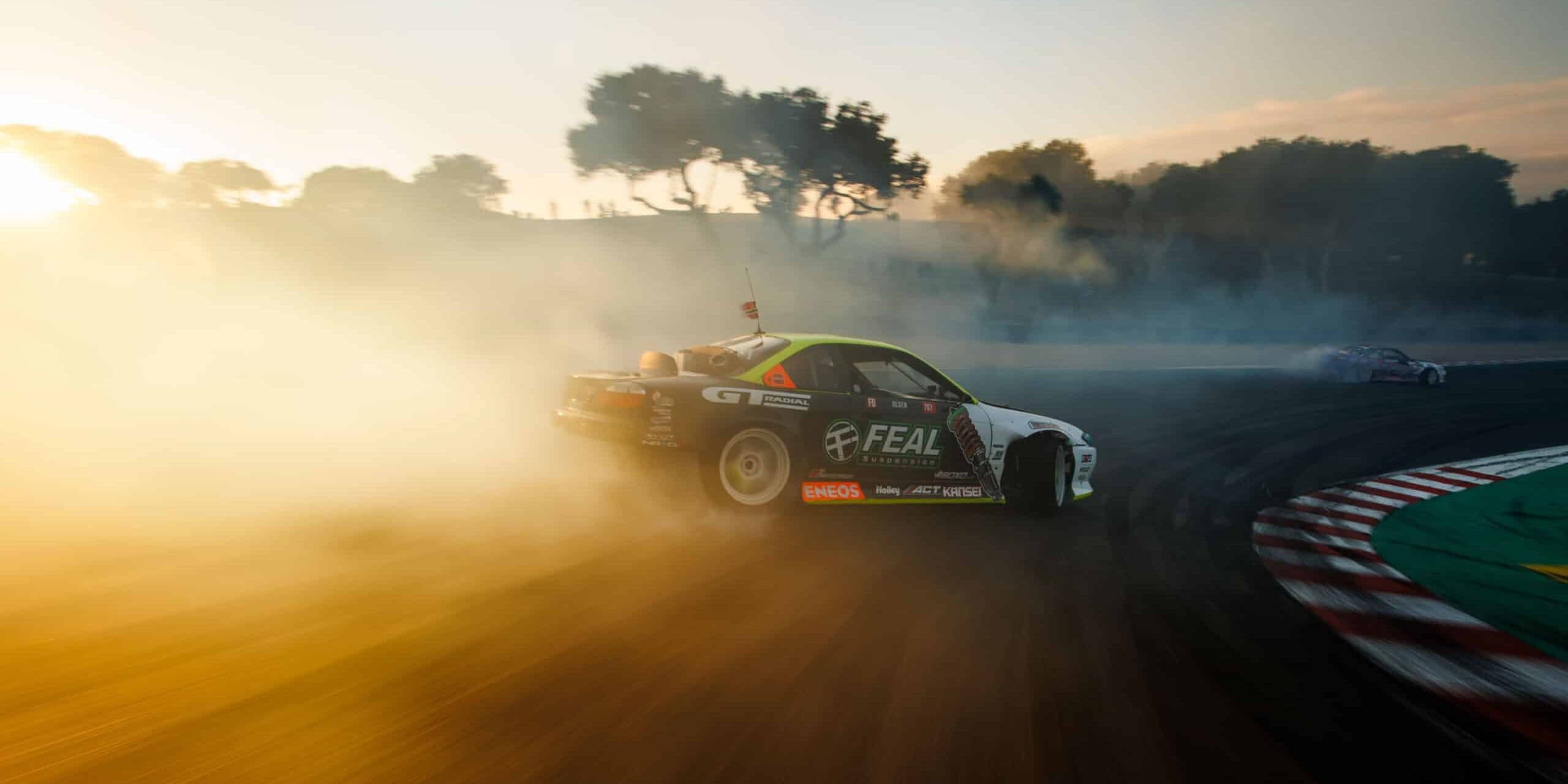 Drift car in action with tire smoke